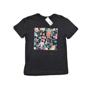 Run DMC Women Shirt Small Black Floral Print T Shirt Short Sleeve Top Crew Neck